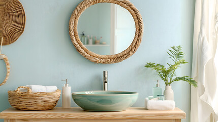 Coastal-themed bathroom, sea-green ceramic basin, brushed nickel faucet, and a round mirror with a rattan frame on a pale blue wall, serene setting for beauty product