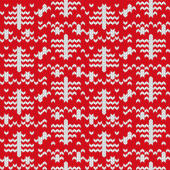 Knitted ornament Christmas ugly sweater seamless pattern design for unisex wear, printable cards, party posters, banners, sublimation. Vector illustration EPS10. Red and white colors.