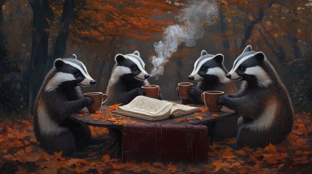 Four badgers sit at a rustic table surrounded by autumn leaves, sipping from mugs and sharing stories, creating a cozy atmosphere in the forest