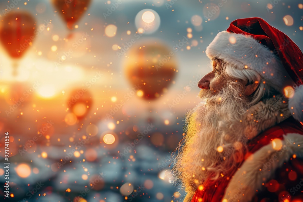 Wall mural santa claus portrait, christmas magic, warm sun, balloons, festive christmas atmosphere