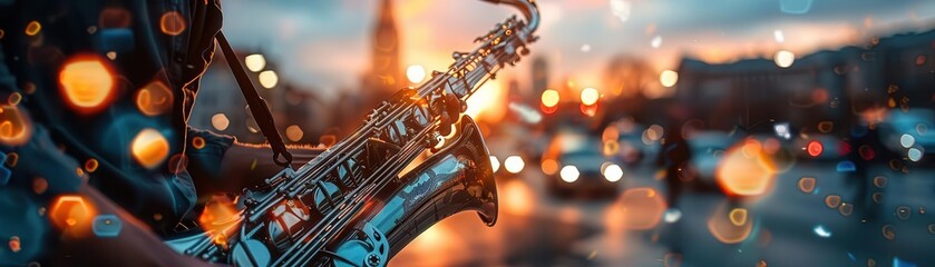 Obraz premium Jazz band performing on a city street, dynamic and vibrant, Urban, Warm tones, Photograph, Live music