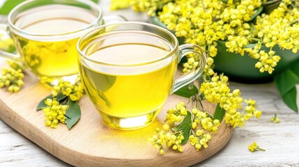 A glass filled with a bright yellow drink is placed next to large yellow flowers and petals on a wooden surface, surrounded by lush green foliage in a sunny garden
