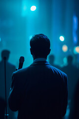 a handsome young man singing into a microphone, a portrait