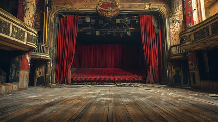 Empty 1920s vaudeville theater stage – A grand but abandoned vaudeville stage, with tattered red curtains, broken wooden floors, and empty seats staring back
