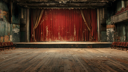 Empty 1920s vaudeville theater stage – A grand but abandoned vaudeville stage, with tattered red curtains, broken wooden floors, and empty seats staring back