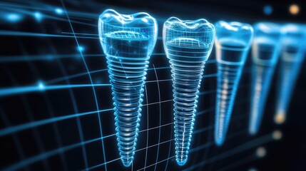 Three dental implants of different sizes are arranged neatly on a dark background, showcasing modern advancements in dental restoration techniques and options
