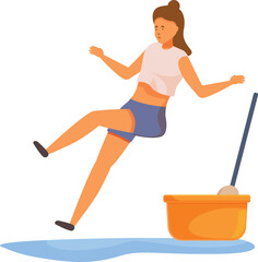 Young woman is having a household accident, slipping on a wet floor