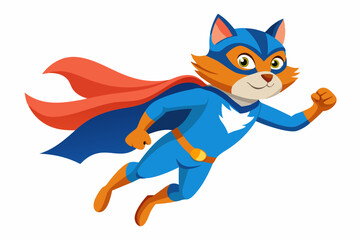 superhero cat with a blue cloak and mask flying, isolated on a white background. That funny animal in an action pose