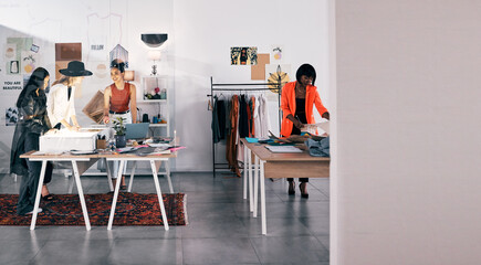 Banner, fashion designer or people in meeting for small business space, textile pattern or creative...