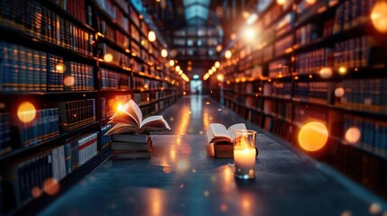 Fototapeta premium Quiet library with rows of books, cozy and inviting, Urban, Soft tones, Photograph, Literary retreat