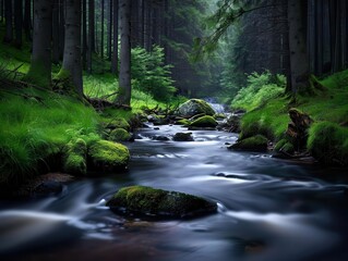 Obraz premium River flowing through a forest, serene and expansive, Nature, Soft greens, Photograph, Natural wonder