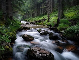 Obraz premium River flowing through a forest, serene and expansive, Nature, Soft greens, Photograph, Natural wonder