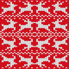 Knitted ornament Christmas ugly sweater seamless pattern design for unisex wear, printable cards, party posters, banners, sublimation. Vector illustration EPS10. Red and white colors.