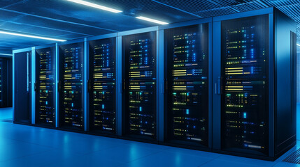 modern server racks in a high-tech data center, symbolizing network security, technology infrastructure, and efficient data management. A secure digital environment for cloud computing
