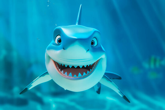 cartoon 3d illustration of a cute friendly shark smiling