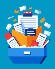 A sea of paperwork resumes and applications overflowing from a neatly organized filing tray.. Vector illustration