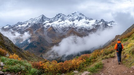Fototapeta premium A hiker wearing an orange jacket treks through a lush valley filled with yellow wildflowers, surrounded by towering mountains under a gray sky