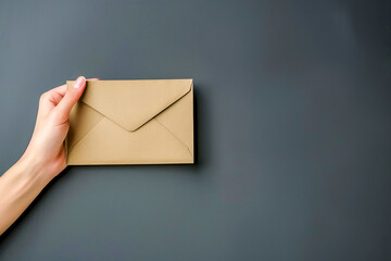 A hand holds a brown envelope against a dark gray background, symbolizing communication, mailing, or an invitation. Copy space on the right