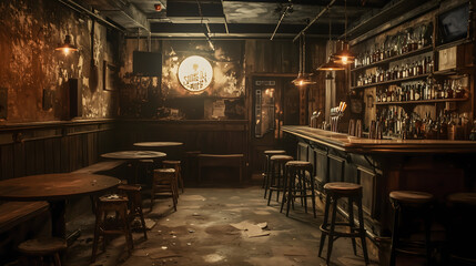 Vacant 1920s speakeasy bar with vintage decor – An empty, forgotten speakeasy with dust-covered tables, broken bar stools, old bottles scattered across the bar