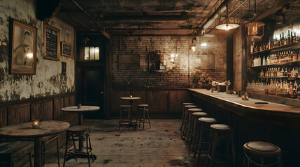 Vacant 1920s speakeasy bar with vintage decor &ndash; An empty, forgotten speakeasy with dust-covered tables, broken bar stools, old bottles scattered across the bar