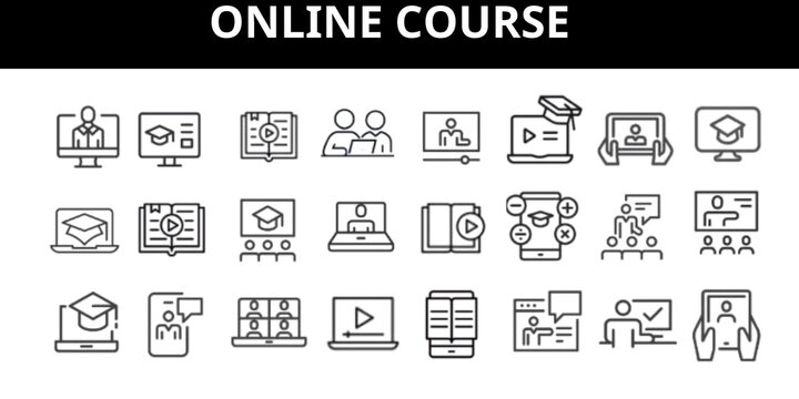 Online course icon collection set. Containing online, course, learning, education, machine learning, presentation, class icon