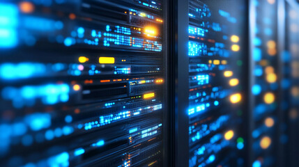 modern server racks in a high-tech data center, symbolizing network security, technology infrastructure, and efficient data management. A secure digital environment for cloud computing