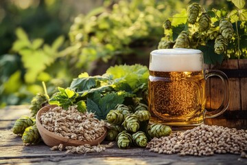 Beer ingredients, including hops, barley, and malt, arranged neatly around a beer mug