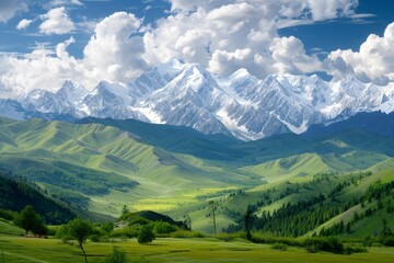 Obraz premium A breathtaking panorama of snow-capped peaks towering above a vast expanse of green valleys and forests