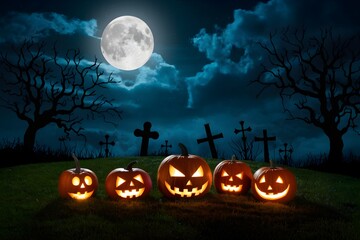Fototapeta premium Carved pumpkins glow under full moon with spooky graveyard shadows in background