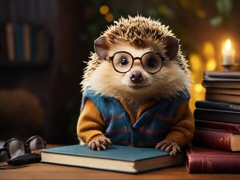 Smart and Nerdy hedgehog wearing round glasses, sitting next to a stack of books in a cozy setting, looking intellectual.