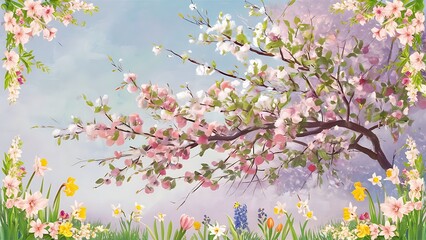 Spring floral frame with blooming cherry tree branches on pastel blue background with copy space