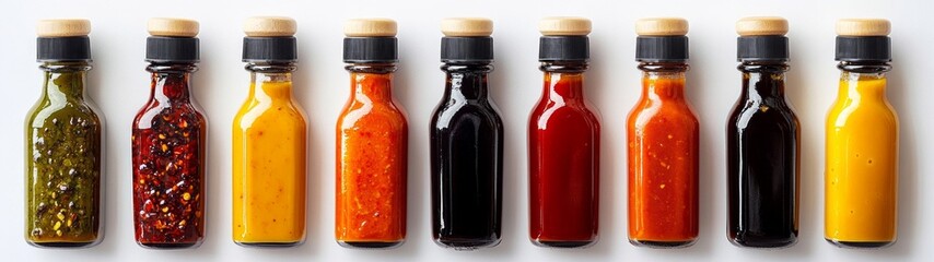 Vibrant Collection of Hot Sauces, diverse array of colorful bottles showcasing various hot sauce types, set against a clean white background for emphasis on design and variety