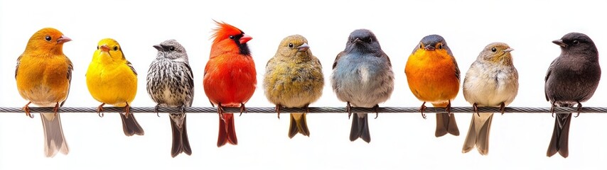 Diverse Birds on a Wire, a full-body display of various bird species perching together against a clean white background, highlighting their unique colors and features.
