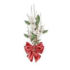 Christmas snowberry bouquet with red bow Watercolor illustration