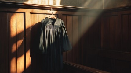 Naklejka premium black judge's robe hanging on a coat rack in the judge's chambers