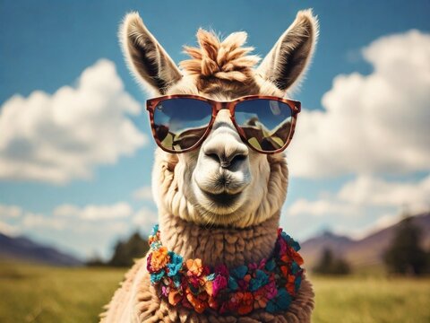  A cool llama wearing trendy sunglasses, relaxing in a sunny field, exuding a sense of style and fun.