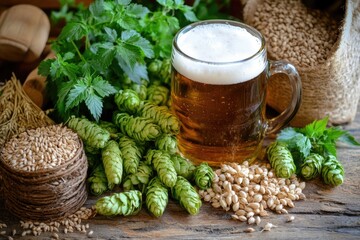 Beer ingredients, including hops, barley, and malt, arranged neatly around a beer mug