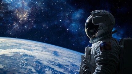 Astronaut gazing at Earth and Stars