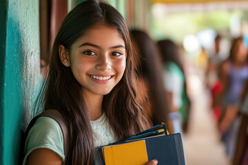 An image of a cute hispanic girl standing in a school hallway, holding several books and smiling at the camera.