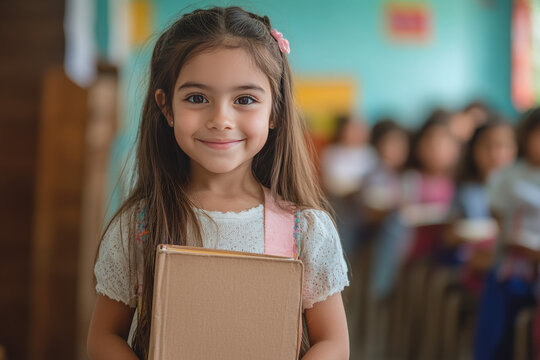 a photo of a cute hispanic schoolgirl standing in a class at school holding books, holding a book in a classroom setting. She is wearing a white lace top and has a pink bow in her hair.