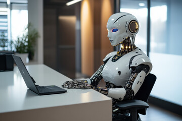 The image of a humanoid robot seated at a desk, working on a laptop in a modern office setting. AI robots replacing humans
