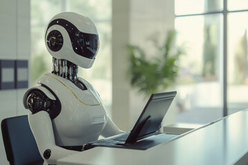 Fototapeta premium An image of a humanoid robot working at a desk with a laptop. The robot is positioned in a modern office environment, AI replacing humans