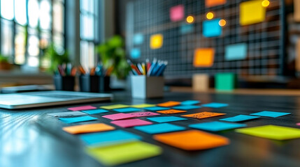 collaborative team working together around a table, hands visible, using sticky notes to brainstorm ideas. The scene emphasizes teamwork, creativity, and problem-solving
