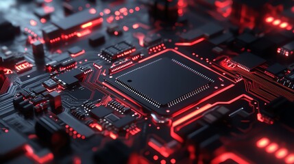 Fototapeta premium Closeup of a circuit board with glowing red lines and a large black chip.