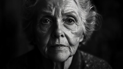 A black and white portrait of an elderly woman looking directly at the camera.