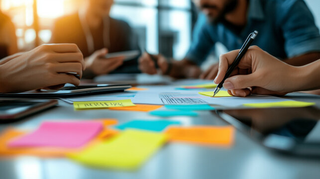 collaborative team working together around a table, hands visible, using sticky notes to brainstorm ideas. The scene emphasizes teamwork, creativity, and problem-solving