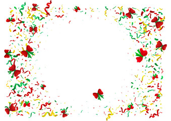 Abstract colorful confetti and bows background. Isolated on the white backdrop. Vector Christmas holiday illustration.