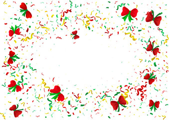 Abstract colorful confetti and bows background. Isolated on the white backdrop. Vector Christmas holiday illustration.