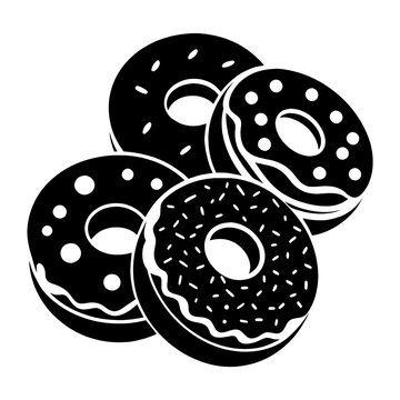 recommend clip art: A collection of four black silhouette donuts is displayed highlighting their unique designs including sprinkles and icing patterns on a white background