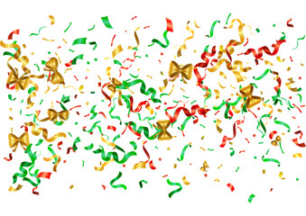 Abstract colorful confetti and golden bows background. Isolated on the white backdrop. Vector holiday illustration.